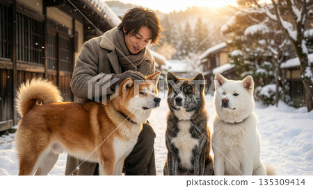 Akita dog and smiling man 135309414