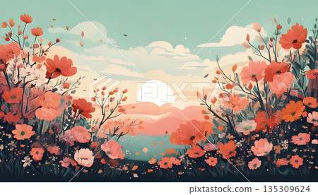 一幅風景畫，色彩繽紛的花朵盛開，旭日東昇。 135309624