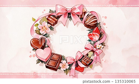 草莓、心型與巧克力花環 | 粉紅色緞帶邊框背景材質 135310065