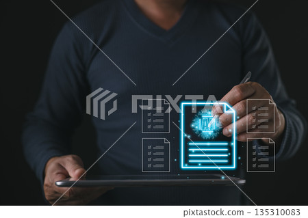A person uses a stylus on a tablet with glowing digital AI document icons and checklist graphics, symbolizing artificial intelligence in data processing,automation,and smart document management. A person uses a stylus on a tablet with glowing digital AI document icons and checklist graphics, symbolizing artificial intelligence in data processing,automation,and smart document management. 135310083