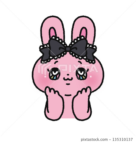 A cute rabbit wearing a big ribbon and resting its chin on its hand A cute rabbit wearing a big ribbon and resting its chin on its hand 135310137