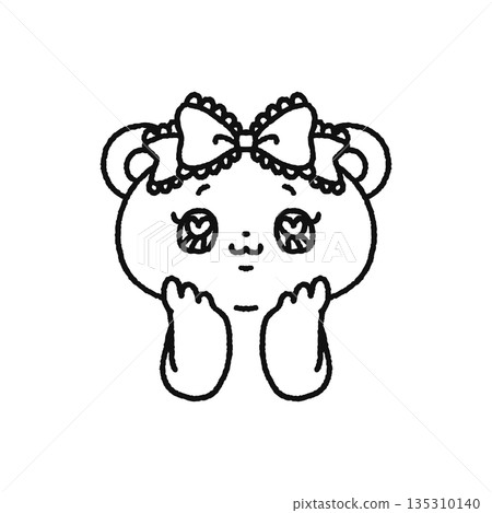 一隻可愛的熊,繫著大大的絲帶,手托著下巴——線條畫 一隻可愛的熊,繫著大大的絲帶,手托著下巴——線條畫 135310140