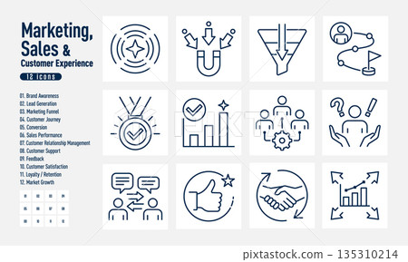 Set of 12 Marketing & Sales and Customer Experience Line Business Icons Set of 12 Marketing & Sales and Customer Experience Line Business Icons 135310214