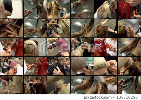 Collage of photos from the hairdressing competition, doing hairstyles 135310256