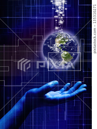 Conceptual technology image with a hand and an Earth planet Conceptual technology image with a hand and an Earth planet 135310271