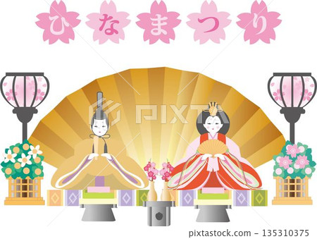 Illustration of Hinamatsuri. Hina dolls and emperors, a title with cherry blossoms and a gorgeous gold folding screen background 135310375