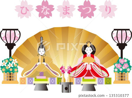 女兒節插圖。雛人偶和天皇，櫻花標題，以及華麗的金色屏風背景。 135310377