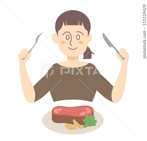 A woman eating a steak 135310429