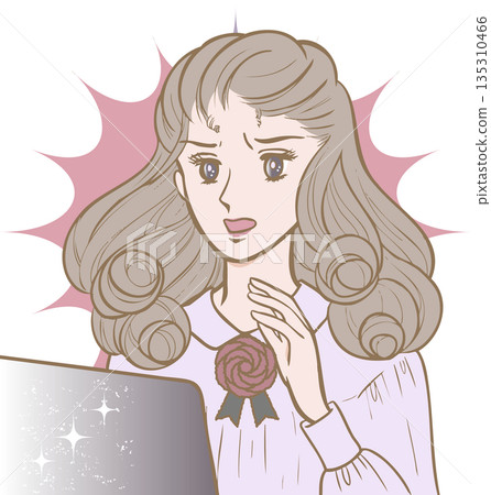 昭和時代少女漫畫風格，一位震驚的女子坐在電腦前，彩色。 135310466