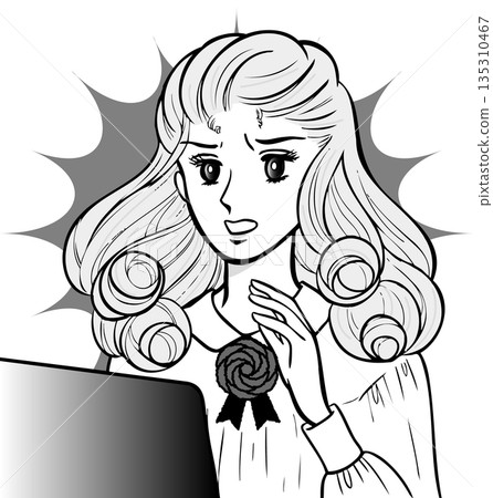 昭和時代少女漫畫風格，電腦前一臉震驚的女子，黑白畫面 135310467