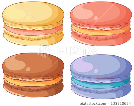 Set of Four Colorful French Macarons Vector Illustration on White Background 135310634