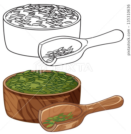 Vector Illustration of Green Tea Leaves in Wooden Bowl and Scoop 135310636