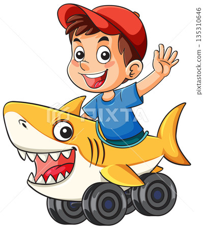 Smiling Boy Riding Cartoon Shark Car with Wheels Smiling Boy Riding Cartoon Shark Car with Wheels 135310646