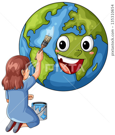 Girl Painting Happy Cartoon Earth Planet Illustration Girl Painting Happy Cartoon Earth Planet Illustration 135310654