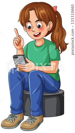Smiling Girl Sitting and Using Smartphone Illustration Smiling Girl Sitting and Using Smartphone Illustration 135310660
