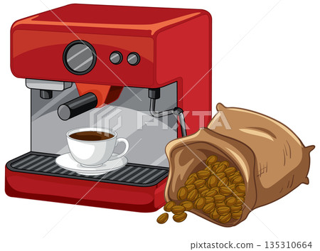 Red Espresso Machine with Coffee Cup and Sack of Roasted Beans Red Espresso Machine with Coffee Cup and Sack of Roasted Beans 135310664