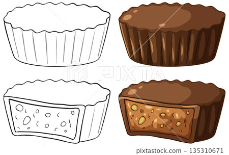 Vector Illustration of Chocolate Peanut Butter Cups in Color and Line Art 135310671
