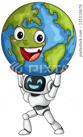 Smiling Robot Holding Happy Cartoon Earth Globe Smiling Robot Holding Happy Cartoon Earth Globe 135310678