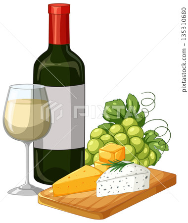 White Wine Bottle with Glass Grapes and Cheese Board Illustration White Wine Bottle with Glass Grapes and Cheese Board Illustration 135310680