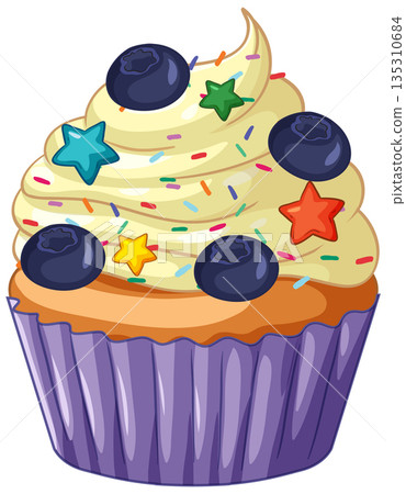 Blueberry Cupcake with Vanilla Frosting and Colorful Star Sprinkles Blueberry Cupcake with Vanilla Frosting and Colorful Star Sprinkles 135310684