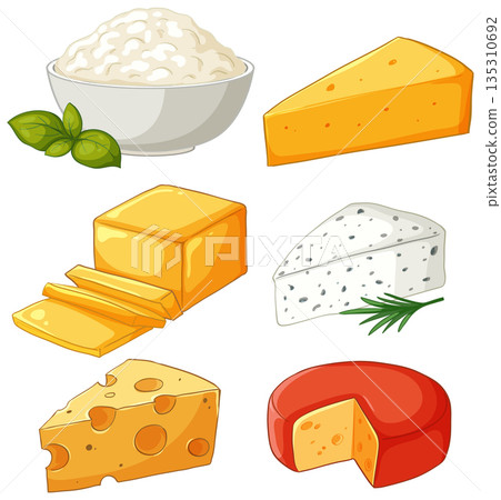 Assorted Dairy Products and Cheese Varieties Vector Illustration Set Assorted Dairy Products and Cheese Varieties Vector Illustration Set 135310692