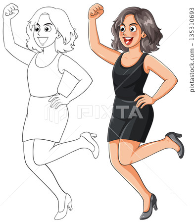 Happy Woman Jumping in Black Dress Vector Illustration Happy Woman Jumping in Black Dress Vector Illustration 135310693