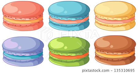 Set of Six Colorful French Macarons Vector Illustration on White Background 135310695