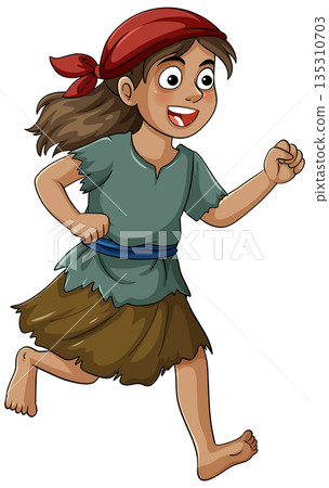 Cheerful Young Girl Running in Ragged Clothes Cheerful Young Girl Running in Ragged Clothes 135310703