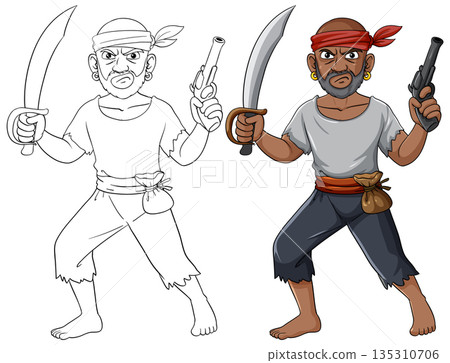 Cartoon Pirate Bandit Holding Sword and Pistol Illustration Cartoon Pirate Bandit Holding Sword and Pistol Illustration 135310706