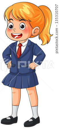 Smiling Schoolgirl in Blue Uniform Standing Confidently Smiling Schoolgirl in Blue Uniform Standing Confidently 135310707