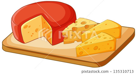 Vector Illustration of a Red Wax Cheese Wheel and Slices on a Board Vector Illustration of a Red Wax Cheese Wheel and Slices on a Board 135310713
