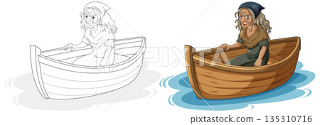 Elderly Woman Rowing Wooden Boat on Calm Water 135310716