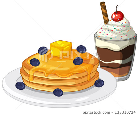 Stack of Pancakes with Blueberries and a Chocolate Parfait Dessert 135310724