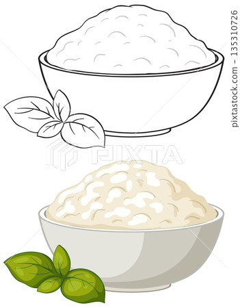 Vector Illustration of a Bowl of Fresh Ricotta Cheese with Basil Leaves 135310726