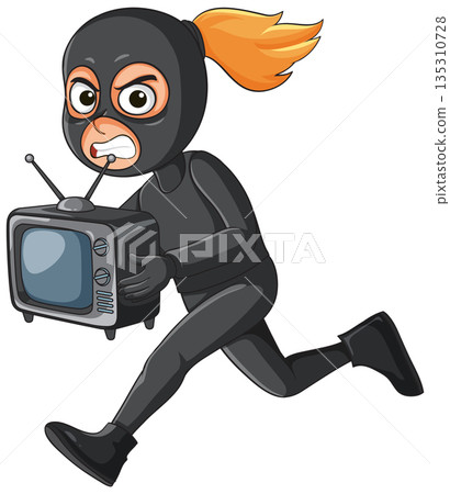 Female Burglar Running With Stolen Television Cartoon Female Burglar Running With Stolen Television Cartoon 135310728