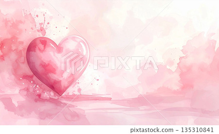 Watercolor painted pink heart and pink background 135310841