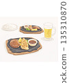 漢堡牛排、米飯和啤酒插圖 135310870