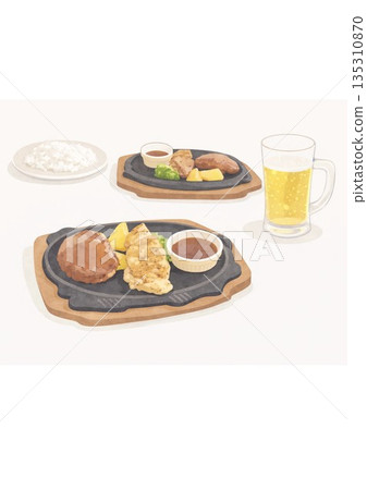 Hamburger steak, rice and beer illustration 135310870