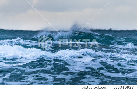 A bleak winter scene of the Sea of Japan with falling snow and white waves A bleak winter scene of the Sea of Japan with falling snow and white waves 135310928