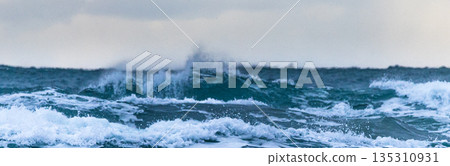 A bleak winter scene of the Sea of Japan with falling snow and white waves 135310931