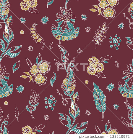 Folk Botanical Burgundy Vine Pattern 135310971
