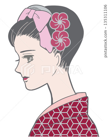 昭和時代少女漫畫風格,身著和服,頭戴梅花髮飾的女子,彩色 昭和時代少女漫畫風格,身著和服,頭戴梅花髮飾的女子,彩色 135311106