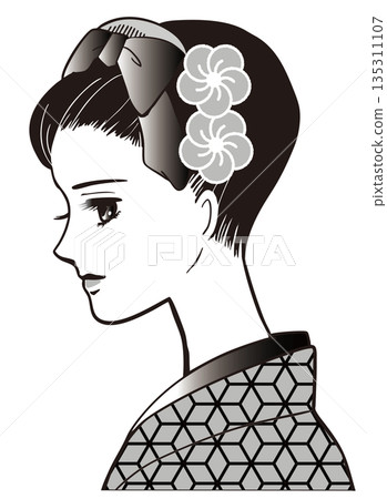 昭和時代少女漫畫風格,身著和服、頭戴梅花髮飾的女子,單色 昭和時代少女漫畫風格,身著和服、頭戴梅花髮飾的女子,單色 135311107