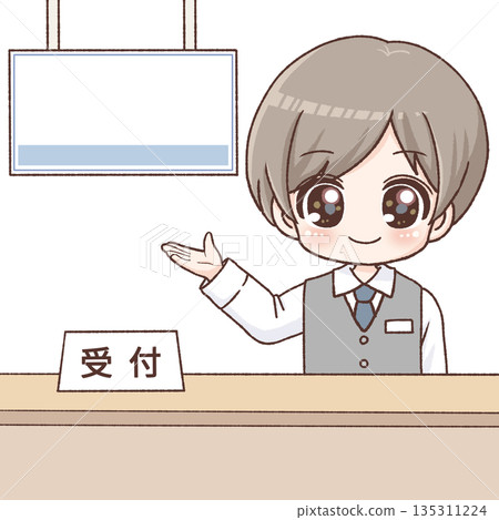 Illustration of a male staff member giving instructions at the reception desk 135311224