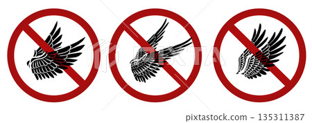Vector collection of prohibitory signs with black silhouette bird wings. Ban to fly and be free. Set of angel wings in a forbidden sign 135311387