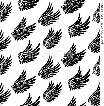 Vector seamless pattern with black silhouette bird wings on white background. Monochrome texture with angel wings Vector seamless pattern with black silhouette bird wings on white background. Monochrome texture with angel wings 135311388