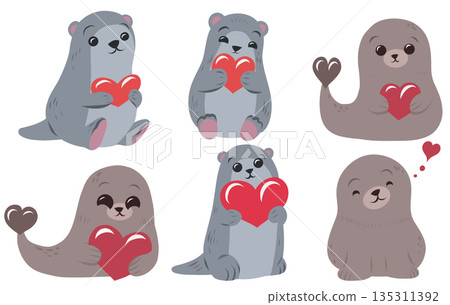 Vector set of a seal and otter with hearts. A festive collection of cute hand drawn animal clip art. Pet for Valentine s Day Vector set of a seal and otter with hearts. A festive collection of cute hand drawn animal clip art. Pet for Valentine s Day 135311392