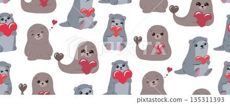 Vector seamless pattern with seal and otter with hearts. A festive texture of cute naive hand drawn animal for wallpaper and fabric. Vector seamless pattern with seal and otter with hearts. A festive texture of cute naive hand drawn animal for wallpaper and fabric. 135311393