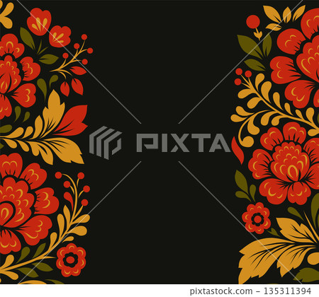 Vector decorative floral card with copy space. Invitation with Slavic tracery ornament with red flowers and place for text Vector decorative floral card with copy space. Invitation with Slavic tracery ornament with red flowers and place for text 135311394