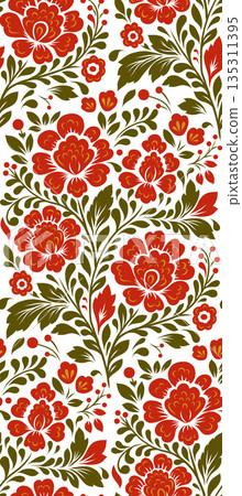 Vector decorative seamless floral pattern. Blossom texture. Slavic ornament with red flowers on white background 135311395